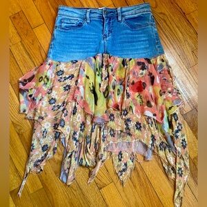 Hydraulic Asymmetrical Denim and Floral Skirt Vintage